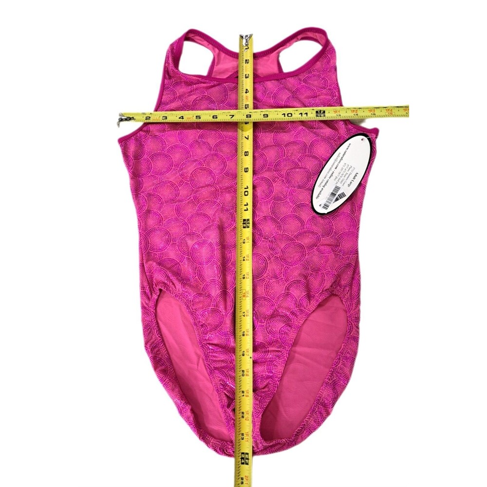 Satara VTG Barbie Pink Foiled Circles Racerback Leotard Open Back Keyhole Sz AL - Picture 10 of 15